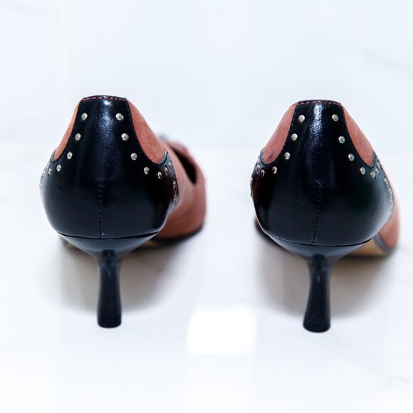 Vintage Steven by Steve Madden Red Black Leather Suede Kitten Heel Heart Studs - Picture 9 of 10